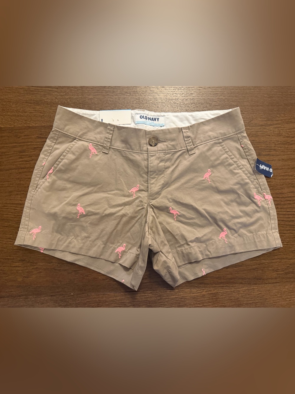 NWT Old Navy Tan Khaki Shorts with Pink Flamingo Embroidery